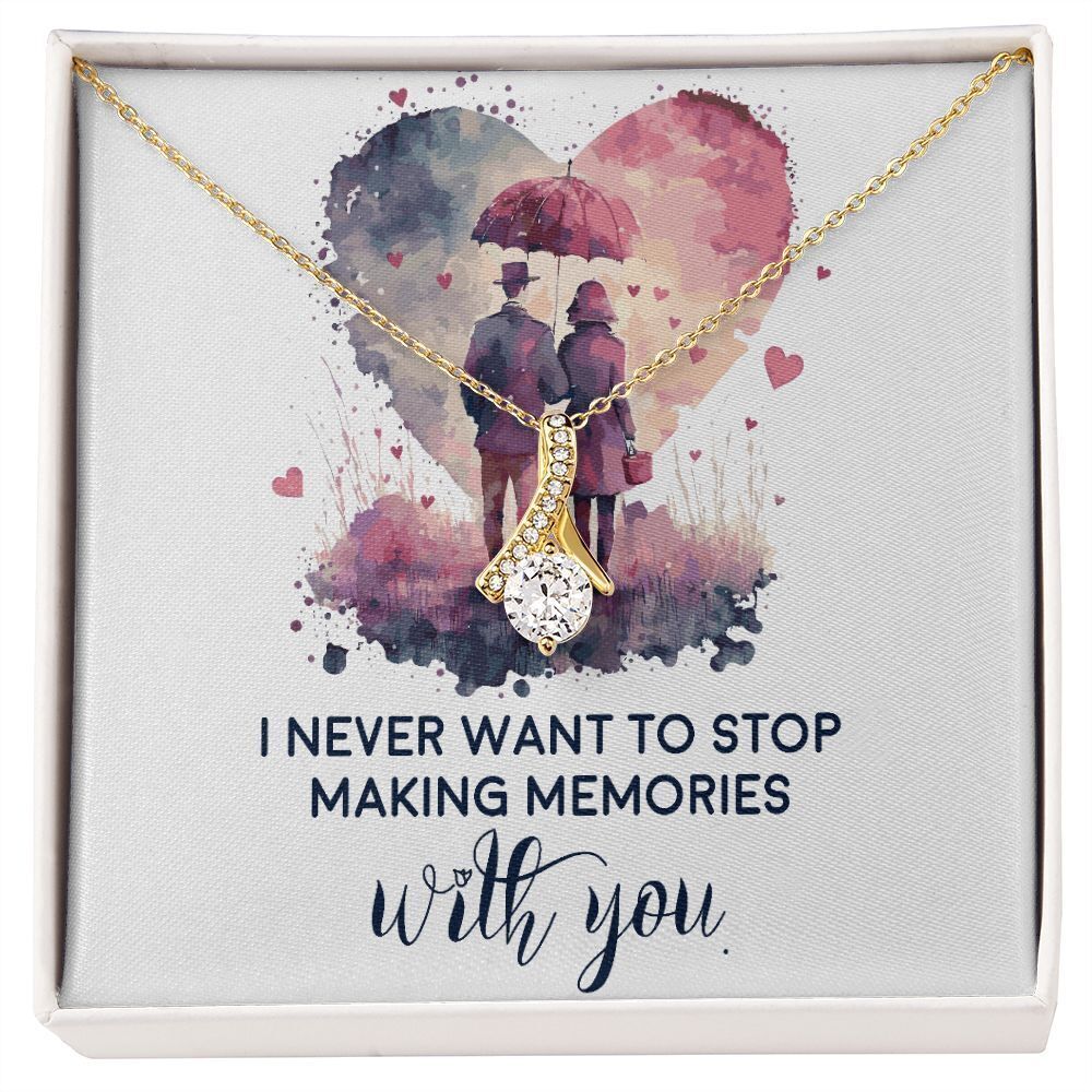 Never Stop Making Memories Ribbon Necklace Gold Tone Standard Box